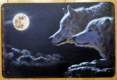 オオカミブリキ看板［月と２匹の狼］
